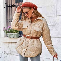 Elegant pattern button pocket women short coat winter Office lady long sleeves lapel loose parkas Female solid warm 210913
