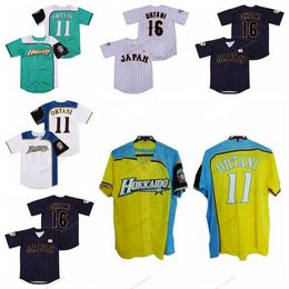 -Japón # 16 Shohei Ohtani # 11 Jersey de béisbol de los hombres Hokkaido Nippon Jamón Fighters Pinstripe Fress Base All cosido blanco Negro Green Angels Fans Jerseys