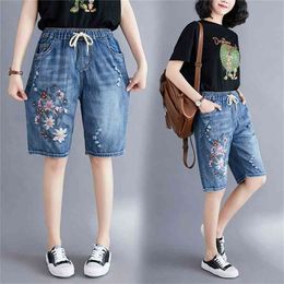 Women Summer Folk Style Elastic Waist Floral Embroidery Drawstring Ripped Shorts Female Office Lady Casual Loose Denim Short 210714