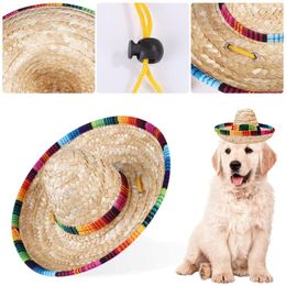 Gato trajes mini cachorro cachorro canudo tecido de sol chapéu alto estilo mexicano sombrero fivela ajustável havaí