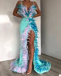 Feather Evening Dresses Beads Deep V Neck Spaghetti Strap Prom Gown Custom Made Formal Party Sleeveless Side Split Floor Length Vestido de novia