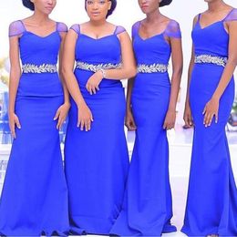 Mavi Nedime Kraliyet Elbiseleri Straps ile Denizkızı Şifon Dantel Aplike Plus Boyut Hizmetçi Of Honor Beach Düğün Elbise Bestido