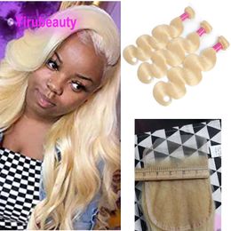 Indian Human Hair 5X5 Lace Closure With 3 Double Wefts Bundles Body Wave Blonde Color 613# Yirubeauty 4 Pieces/lot