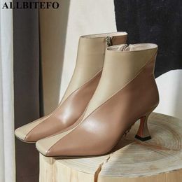 ALLBITEFO square toe genuine leather brand high heels women ankle boots thick heels autumn women boots women high heel shoes 210611