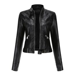 Women's Jackets Sexy Faux Leather Stand-Up Collar Zipper Stitching Solid Colour Slim Fit Long Sleeve Motorcycle Jacket Outerwear