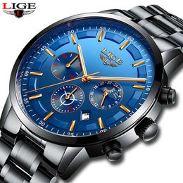 LIGE Mens Watches Top Brand Luxury Men's Sports Military Watch Men's Stainless Steel Waterproof Quartz Watch Relogio Masculino 210527