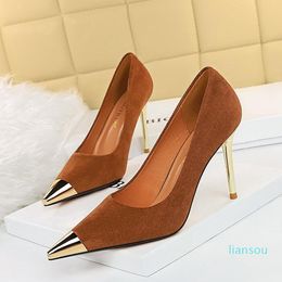 Dress Shoes Suede Woman Pumps Metal Pointed Toe High Heels Sexy Party Stiletto 7 Cm 9.5 Heeled