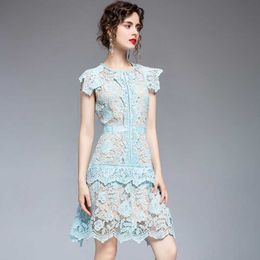 Summer Runway High quality Irregular Lace Dresses Ruffles Hollow out Butterfly Sleeves Mini Women Elegant Party 210529