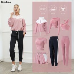 7 Piece Set Women Quick Dry Yoga Clothing Hooded Coats+T Shirt+Bra+Shorts+Pants+Leggings Fitness Gym Outdoor Sportswear Suits 210802