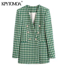 KPYTOMOA Women Fashion Double Breasted Tweed Blazer Coat Vintage Long Sleeve Welt Pockets Female Outerwear Chic Veste Femme 211019