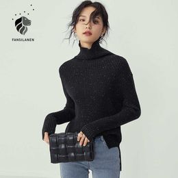 FANSILANEN Polka dot turtleneck black pullover Women long sleeve oversized vintage knitted sweater Female split casual jumper 210607