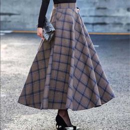 Plus Size 3XL High Waist Skirts faldas mujer moda Women Maxi Wool Skirt Elastic Waist Elegant Office Lady Long Plaid Skirts 210619