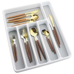 Plastic Cutlery Storage Box Dinnerware Tray Kitchen Drawer Organizer Separation Cutlery Organizer for Spoon Fork Knife Straw 211110
