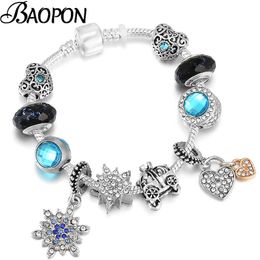 Charm Bracelets Snowflake Pendant Beads Bracelet With Silver Plated Blue Crystal Bangle Jewellery For Women Men Girlfriend