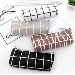 Canvas Pencil Case Pen Bag Striped Grid Korean Stationery for Students Kids Boys Girls Makeup Costmetic Pouch