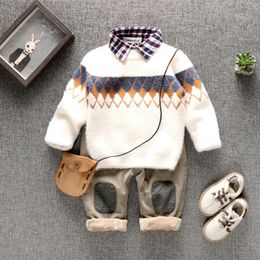 Boy's Sweaters O-Neck Print Pullover 0-9 Years Old Children's Imitation Mink Velvet Sweater Autumn and Winter Baby Kids Clothes 210308
