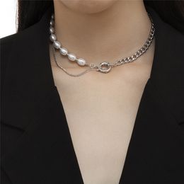 High Quality Silver Colour Simulated Pearl Chain Necklace for Women Asymmetric OT Buckle Neck Jewellery Steampunk Men New