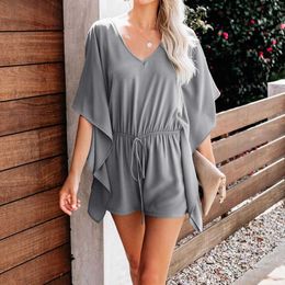 Women Playsuits Summer Solid V-Neck Irregular Ruffles Sleeve High Waist Lace Up Loose Romper Female Short Wide Leg Jumpsuits 210526