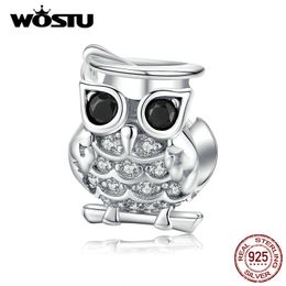 WOSTU 100% 925 Sterling Silver Lovely Owl Animal Beads Clear Zircon Fit Original Bracelet Charms Pendant Fashion Jewelry CTC124 Q0531