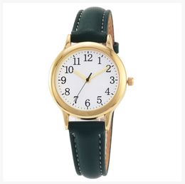 Klare Zahlen, feines Lederarmband, Quarz-Damenuhren, schlichte, elegante Studentenuhr, 31 mm runde Zifferblatt-Armbanduhr
