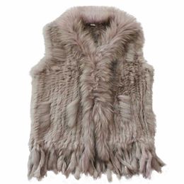 Harppihop womens natural real rabbit fur vest with raccoon fur collar waistcoat/jackets rex rabbit knitted winte 211018