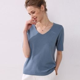 autumn women T-Shirts short sleeves V-neck summer short casual solid fashion female knitting sweater tops tees 210310