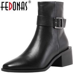 Metal Buckle Ankle Boots For Women Square Toe Thick Heels Shoes Woman Winter est Party Basic Women's 210528