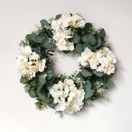 White Hydrangea Green Leaves Eucalyptus Garland Home Decor Artificial Flower Wreath For Wedding Decoration Christmas Ornament 211104
