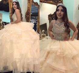 Stunning Champagne Quinceanera Dress Ball Gowns Ruffle Bling Crystal Beading Boat Neckline Coeset Back Sweet 16 Dresses Prom Party Pageant Girls