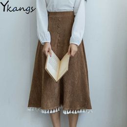 Autumn Winter Tassel Fringe Corduroy Pleated Skirt Women Vintage High Waist A Line Midi Skirts Harajuku Korean Style Long Skirts 210619