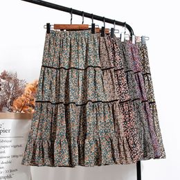 Korean Style Spring Floral Printing A-line Long Boho Skirts Elastic Waist Paragraph Patchwork Pleated Skirts 210309