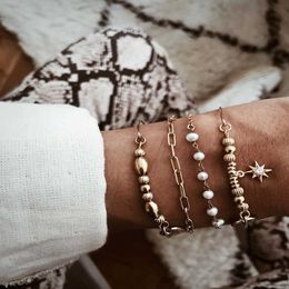 2020 Boho Multi Level New Vintage Sun Pendant Bracelet Fashion Bracelets for Women Golden Faux Pearl Crystal Chain Jewelry Gift Q0719