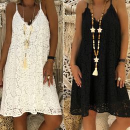 Women Summer Plus Size Dress Casual Loose Solid Sleeveless Sling Beach Party Wear Sexy Lace Vestido White Midi Dresses