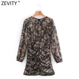 Zevity Women Vintage O Neck Flower Print Pleated Mini Dress Ladies Retro Golden Line Back Zipper Casual Slim Vestido DS4658 210603