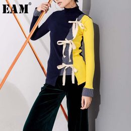 [EAM] 2021 New Spring High Collar Long Sleeve Hit Colour Loose Bandage Bow Hollow Out Knitting Sweater Women Fashion Tide JL901 210218