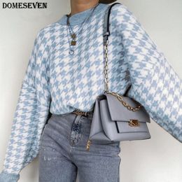 Women Casual Houndstooth Pullover Sweater Geometric Khaki Knitted Sweater Female Autumn Winter Retro Jumpers Tops Clothing 210218