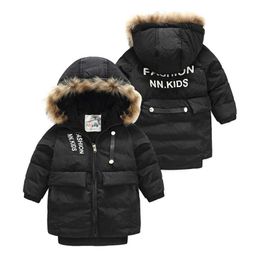 Baby Boy Winter Coat Warm 3-12 Years Teenager Thickening Faux Fur Spray-bonded Wadding Kids Boys Black Hooded Down Jacket 210529