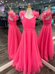 Kids Organza Pageant Dress 2022 with Ruffles Straps A-Line Ruched Flower Girl Gowns Long Backless Zipper Girl Formal Event Birthday Party Wear Hot Pink Orchid