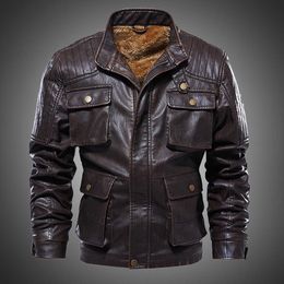 Winter Jacket Men Multi-Pockets Vintage Jacket Outwear Coat Mototrcycle Jacket Men PU Leather Moto Coat Plus Size Retro Coat Men 210603