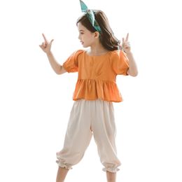 Children Clothes Solid Colour Girls Clothing Tshirt + Short Kids Puff Sleeve Children's 6 8 10 12 14 210527