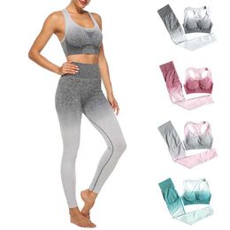 Women Tracksuit FitnRunning SeamlSlim Workout Outfits Activewear Set Ladies HIgh Elastic Gradient Colour Yoga Tracksuit X0629