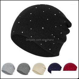 Beanie/Skl Hats, Scarves & Gloves Fashion Aessories Pearl Sklies Hat Women Solid Colour Knitted Cotton Female Winter Beanies Caps Soft Warm H