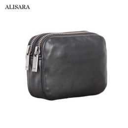 Wallets Alisara Double Zipper Coin Purses Ladies First Layer Leather High Quality Clutch Bag Men Casual Pouch
