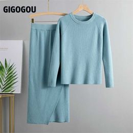 GIGOGOU Basic O Neck Knitted Jumper For Women Sweater 2 Piece Sets Pullover Tops Chic Long Sleeve Thick Christmas Sweatersuits 211109