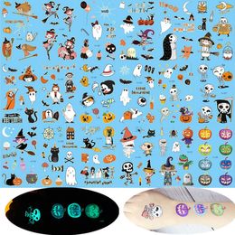 18pc Luminous Temporary Tattoos Sticker Glow Dark Fluorescent Pumpkin Witch Ghost Tattoo for Kids Face Body Art Halloween Party