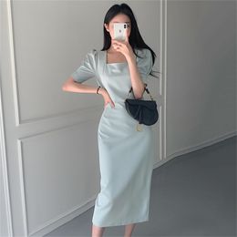 Women Summer Dress Casual Vintage Lace Up Bow High Waist Square Collar Puff Sleeve Pleated 210603