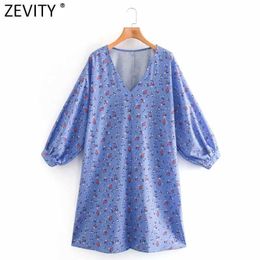 Zevity Women Sweet V Neck Flower Print Casual Kimono Mini Dress Female Simply Lantern Sleeve Chic Party Vestidos DS4737 210603