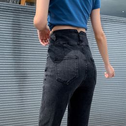 Pencil Women Vintage High Waist Skinny Denim Pants Stretch Plus Size Boyfriend Mom Jeans Black Grey 210302