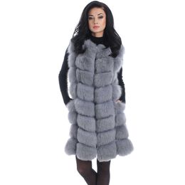 90 CM Medium Long Artifical Fox Fur Vest Women Winter Fashion Faux Fox Fur Vests Woman Warm Fake Fox Fur Coats Female Y0829