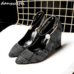 3 Colour Plus Size Womens Wedge Pumps Ankle Strap High Heel Shoes Plaid Fabric OL Style Sexy Ladies Eveing Heeled Shoes Heels